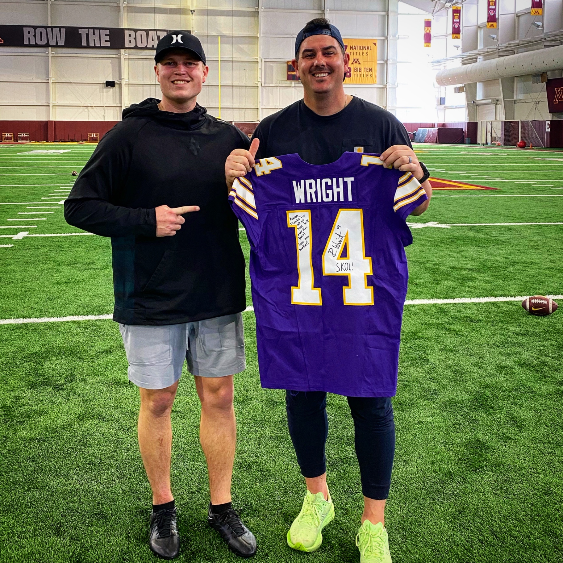 Aaron Perez with NFL punter Ryan Wright — Minnesota Vikings jersey
